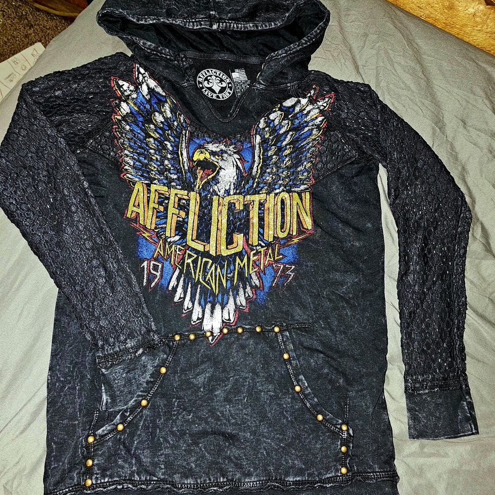 Affliction Sz sm Distressed Hooded Top with Colorful Eagle Graphic